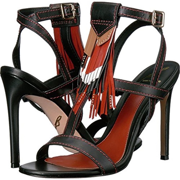 B Brian Atwood Leather Fringe Heel Sandals SZ 6 - Picture 1 of 5